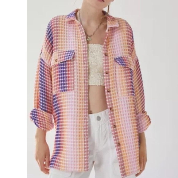 Urban Outfitters BDG S Rainbow Waffle Texture Button Up Shirt Jacket Oversized - Picture 1 of 10